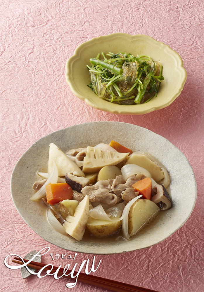 春の肉じゃが・春雨と豆苗のピリ辛麻辣炒め