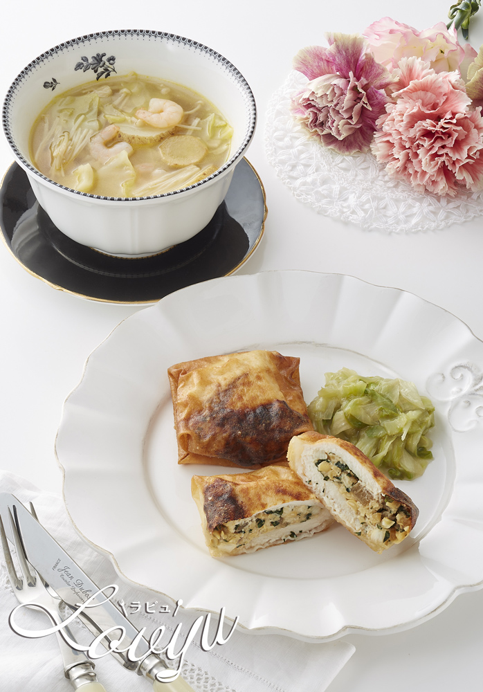 めかじきと大根のキャラメリゼ　パートフィロ包み焼き・えびと野菜の食べるスープ